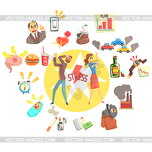 Stressed Man And Woman Surrounded With Different - vector clip art