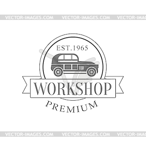 Ретро автомобиль ремонтной мастерской Black And White Label - векторное изображение EPS