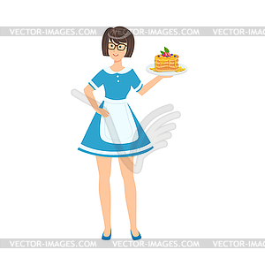 Waitress Holding Plate With Pancakes, Part Of - color vector clipart