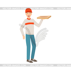 Man Delivery Worker Holding Pizza, Part Of Happy - vector image