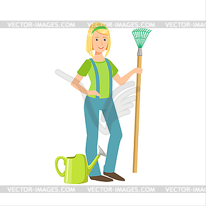 Woman Farmer With Rake, Part Of Happy People And - vector image