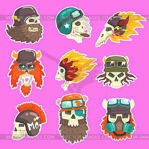 Colorful Scull Stickers With War And Biker Culture - vector clipart