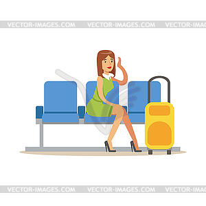 Женщина ждет ее полета в вестибюле ЧАСТЬ - графика в векторе