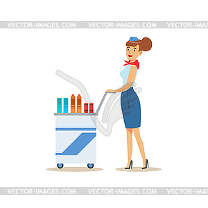 Flight Attendant With Food Cart, Part Of Airport An - stock vector clipart