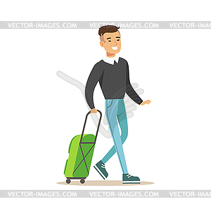 Man Arriving With Green Suitcase, Part Of Airport - vector image