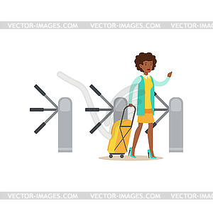 Woman Passing Turnstile With Suitcase, Part Of - royalty-free vector image