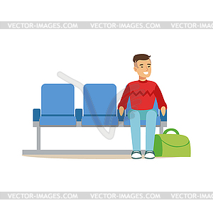 Man Sitting In Waiting Area, Part Of Airport And Ai - vector image