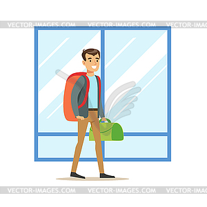 Guy Arriving WIth Big Backpack And Handbag, Part - vector clipart