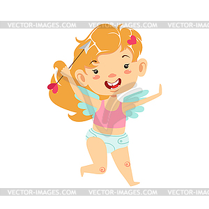 Girl Baby Cupid With Arrow, Winged Toddler In Diape - vector clip art