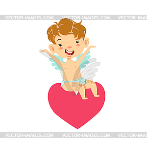 Boy Baby Cupid Sitting On Heart, Winged Toddler In - vector clipart / vector image