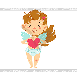 Girl Baby Cupid Holding Heart, Winged Toddler In - vector image