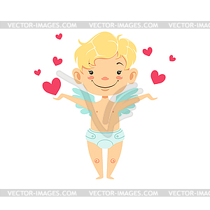 Boy Baby Cupid Surrounded With Hearts, Winged - vector clipart