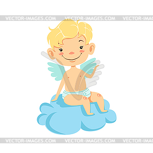 Boy Baby Cupid Sitting On Cloud, Winged Toddler In - color vector clipart