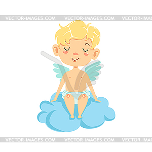 Calm Boy Baby Cupid On Cloud, Winged Toddler In - vector clip art