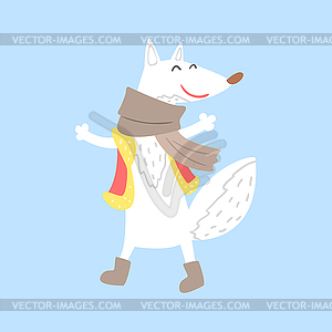 Polar White Fox In Vest And Scarf, Arctic Animal - vector clipart