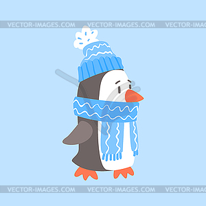 Penguin In Blue Scarf And Hat, Arctic Animal Dresse - vector clip art