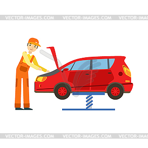 Smiling Mechanic Looking At Engine In Garage, Car - vector clip art