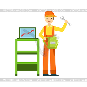 Smiling Mechanic With Wrench And Computer - vector clip art