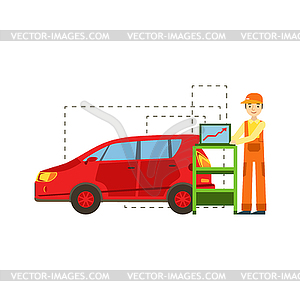 Smiling Mechanic Running Computer Diagnostics In - royalty-free vector clipart