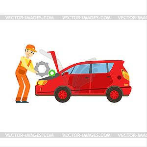 Smiling Mechanic Repairing Engine In Garage, Car - vector clipart