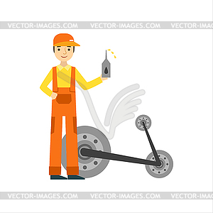 Smiling Mechanic Changing Oil In Garage, Car - color vector clipart