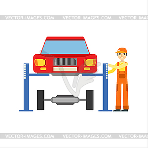 Smiling Mechanic Repairing Suspension In Garage, Ca - vector clip art