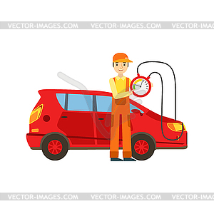 Smiling Mechanic Checking Battery Power In Garage, - vector clipart