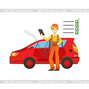 Smiling Mechanic Analysing With Checklist In Garage - vector clip art