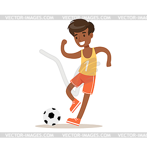 Boy Playing Football, Traditional Male Kid Role - vector image