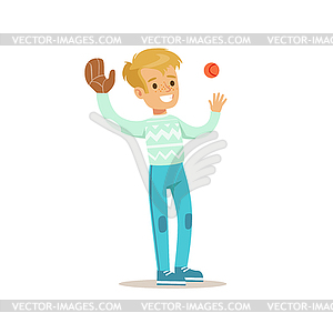 Boy Playing Baseball, Traditional Male Kid Role - vector clipart