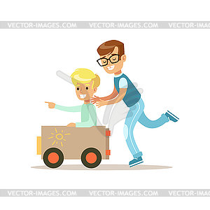 Boy And His Dad Playing Toy Car, Traditional Male - vector image