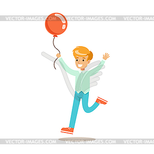 Boy Running With Balloon, Traditional Male Kid - vector clip art