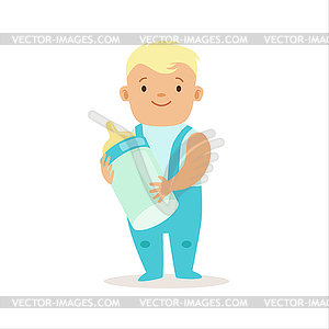 Boy In Blue Pants Standing With Milk Bottle, - vector clipart