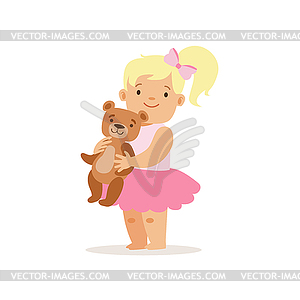 Blon Girl Standing WIth Teddy Bear, Adorable Smilin - vector clip art