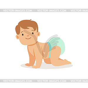 Boy In Nappy Crawling, Adorable Smiling Baby Cartoo - vector image