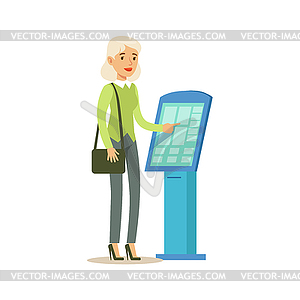 Woman Taking Electronic Queue Ticket. Bank - vector clip art