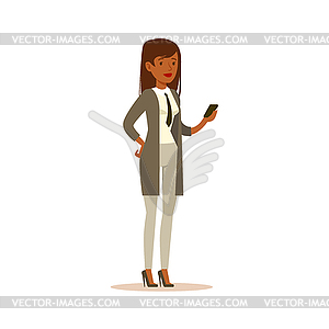 Businesswoman Checking Phone, Business Office - vector clip art