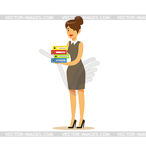 Secretary With Pile Of Folders, Business Office - vector clipart
