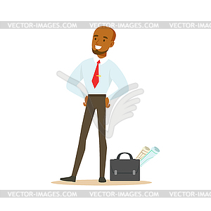 Manager With Suitcase And Project Papers, Business - vector image