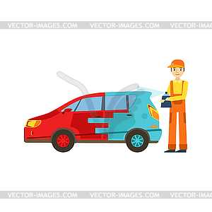 Smiling Mechanic Painting Car In Garage, Car - vector image