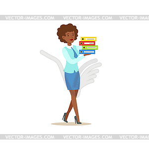 Bank Secretary Waking Holding Pile Of Folders. - vector clipart
