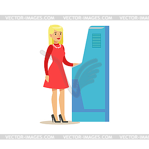 Bank Visitor Using ATM Cash Machine. Bank Service, - royalty-free vector image