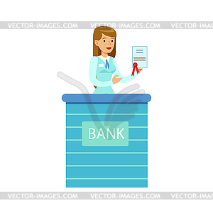 Woman Bank Employee With Official Paper. Bank - vector image