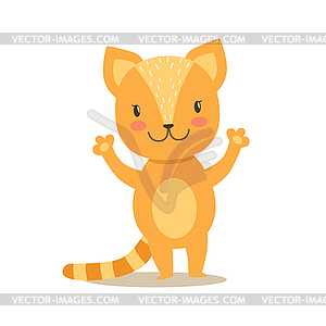 Little Girly Cute Red Kitten Stansing, Cartoon Pet - vector image