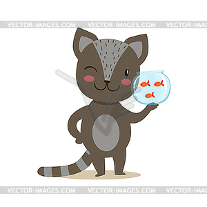 Black Little Girly Cute Kitten Holding Aquarium Wit - vector image
