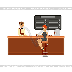 Woman Sitting At Counter On Bar Chair At Coffee Sho - vector image