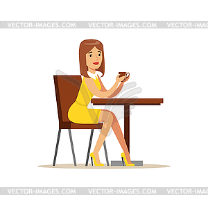 Woman In Yellow Dress Sitting In Coffee Shop Table - vector image