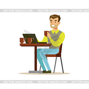 Man Drinking His Third Cup Of Coffee In Coffee - vector clipart