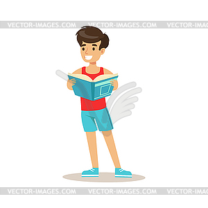 Sportive Boy Who Loves To Read, With Kid Enjoying - vector image