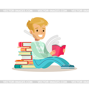 Boy Sitting With His Back Against Pile Of Books - vector clip art